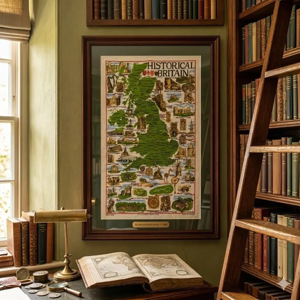 Vtg Irish Linen Kitchen Dish Tea Towel Britain Souvenir Map Wall Art Repurpose
